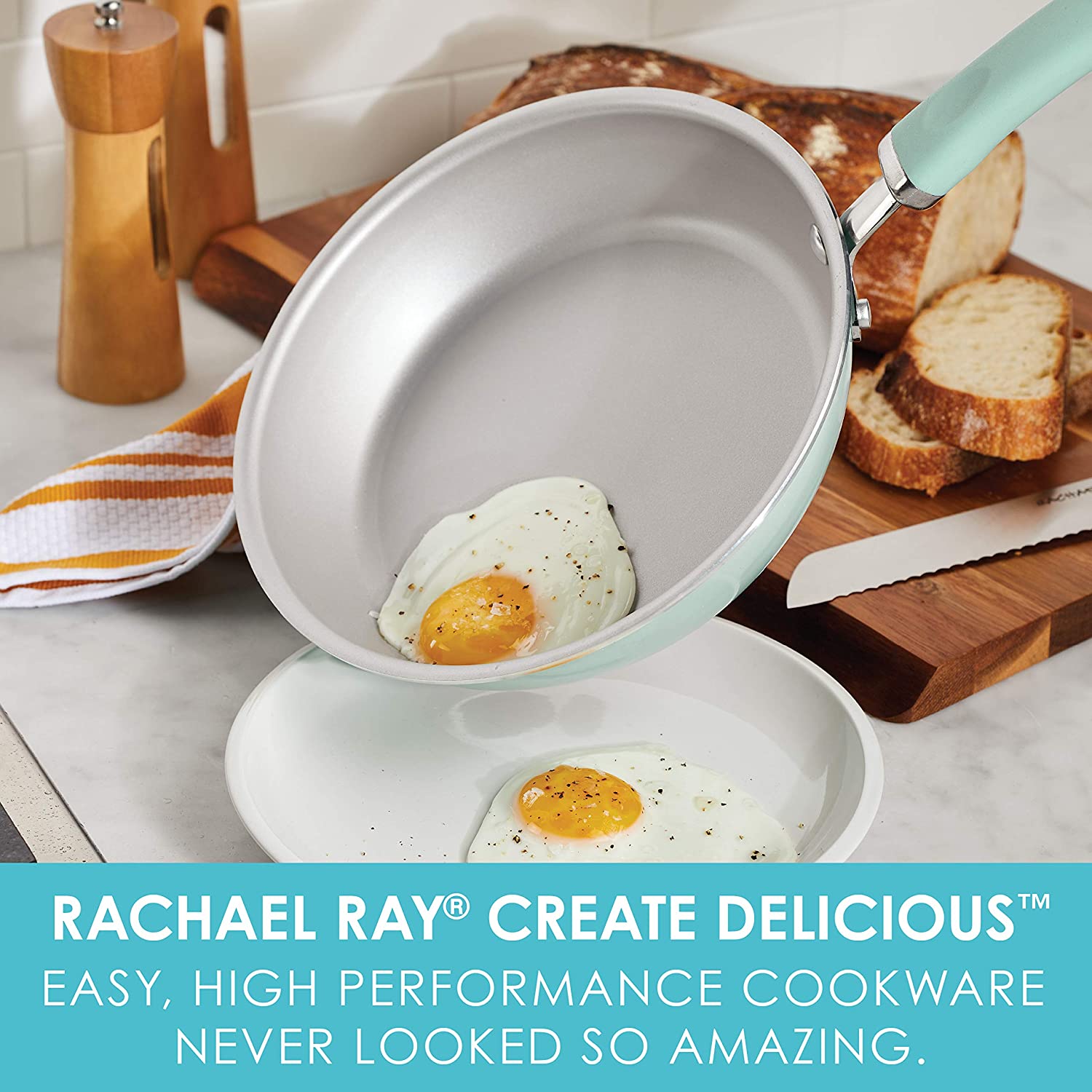 Rachael Ray Create Delicious Aluminum Nonstick Cookware Set, 13 Piece - Light Blue Shimmer