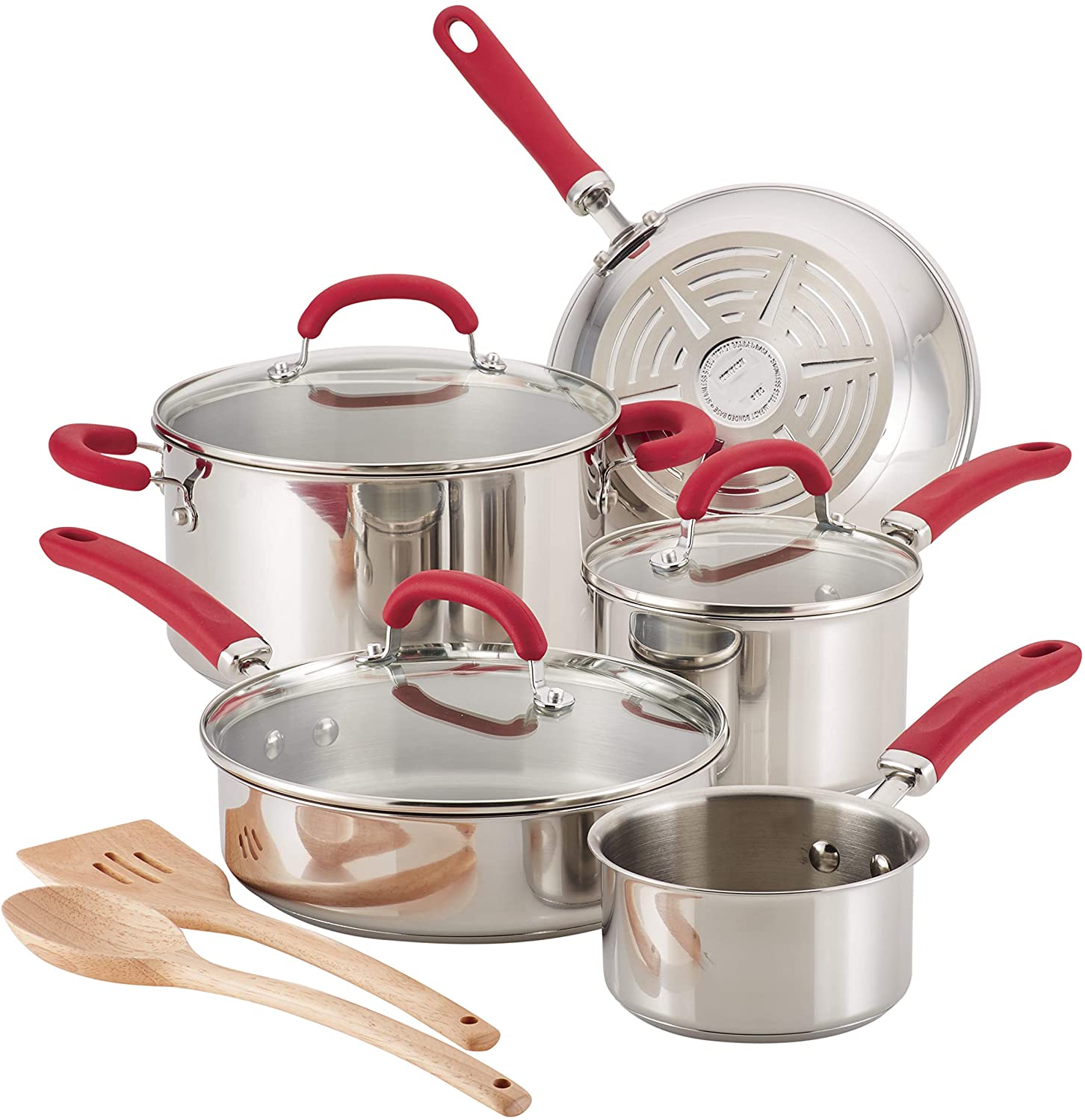 Rachael Ray Create Delicious 10 Piece Stainless Steel Cookware Set, Stainless Steel with Red Handles