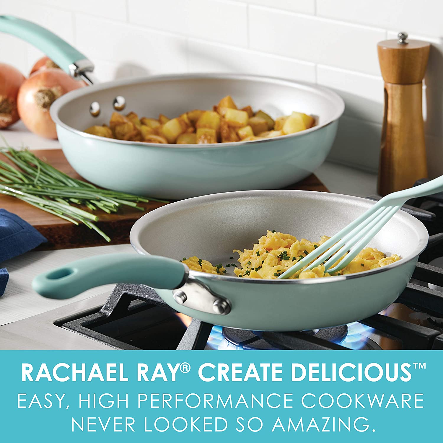 Rachael Ray Create Delicious 2 Piece Nonstick Skillet Set, Light Blue Shimmer
