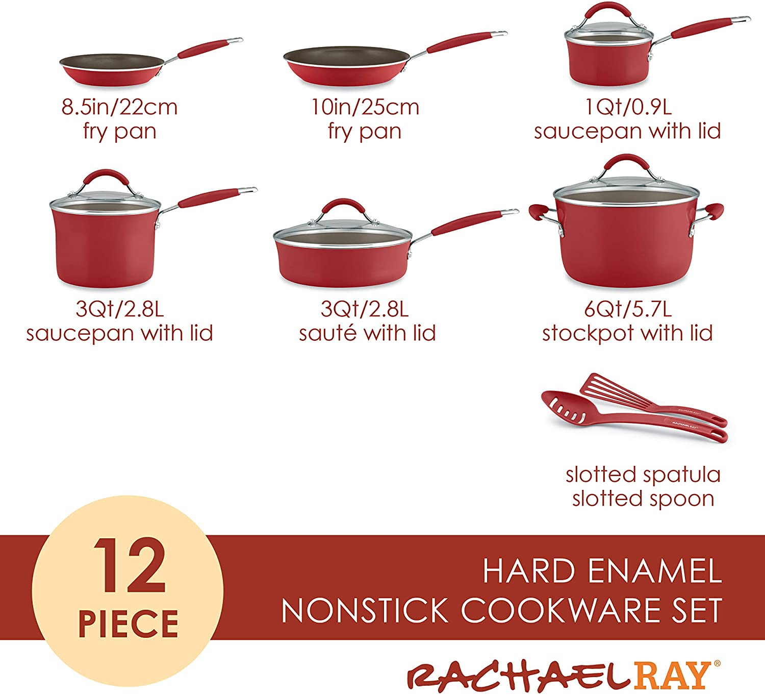 Rachael Ray Cucina 12 Piece Nonstick Cookware Set, Cranberry Red - Loft410