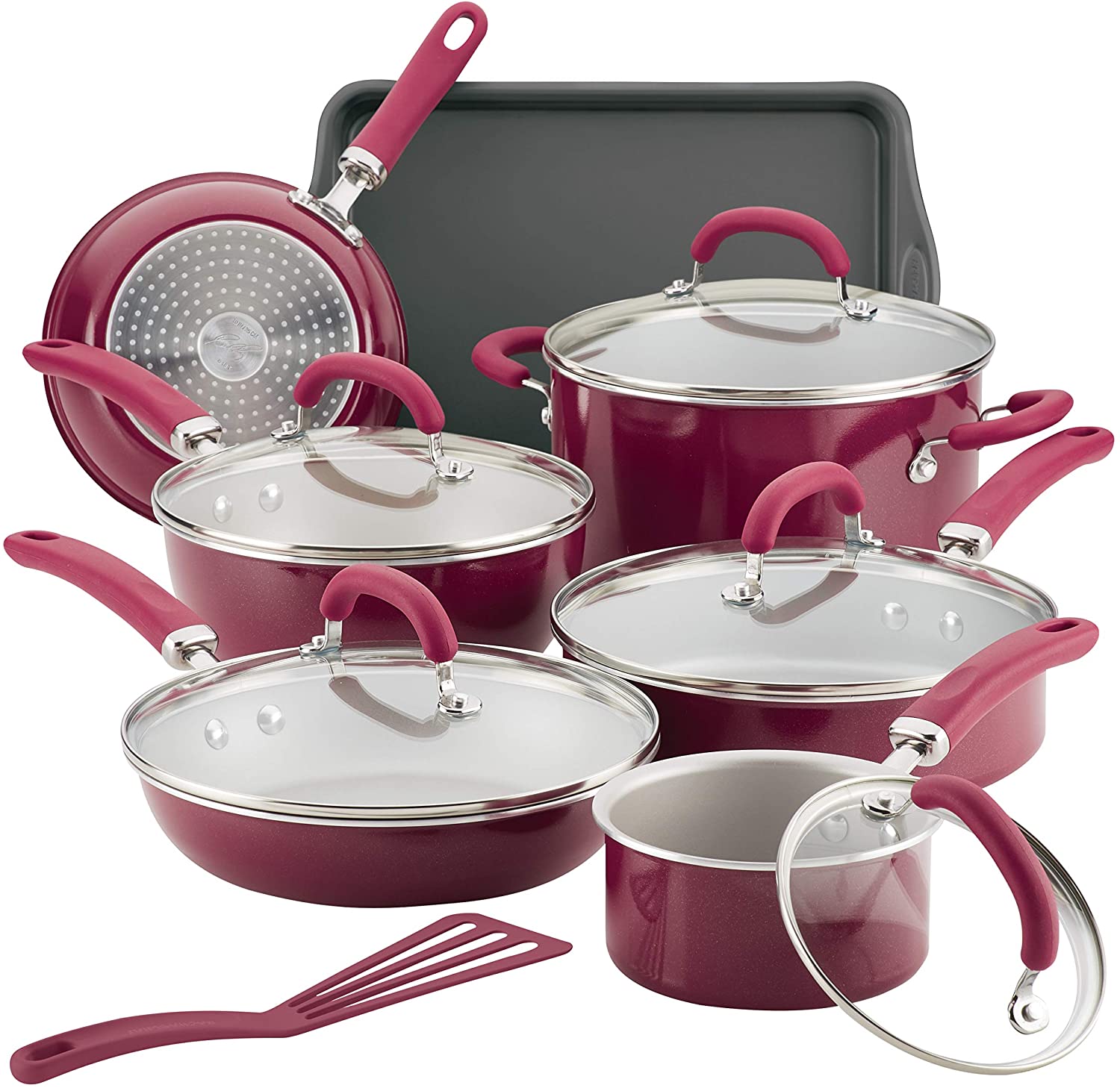 Rachael Ray Brights Nonstick Cookware Set / Pots and Pans Set - 14 Piece,  Red Gradient