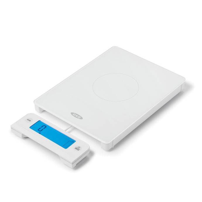 OXO's food scale has an 11-pound capacity & a pull-out display for