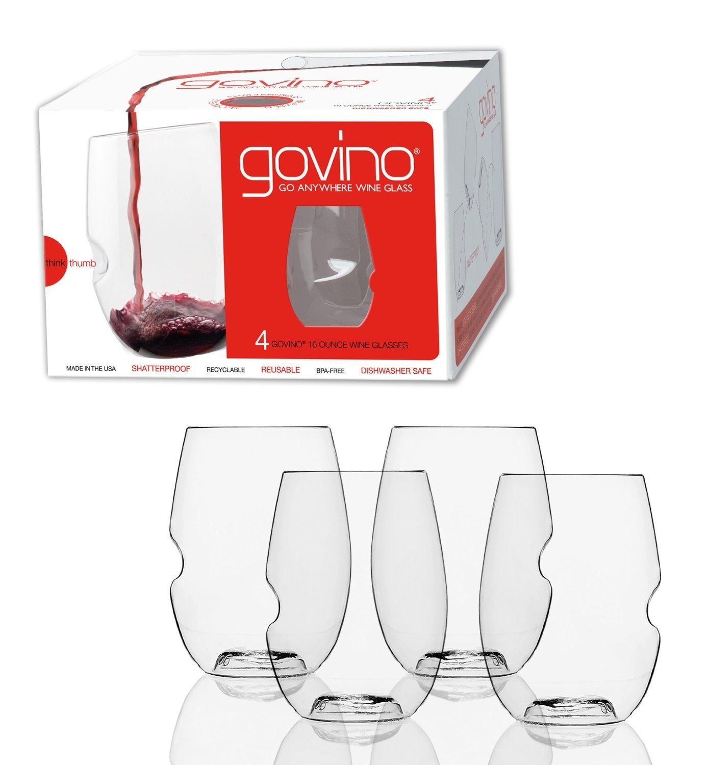 GoVino Top Rack Series Unbreakable Stemless Glasses, Dishwasher Safe, Set of 4