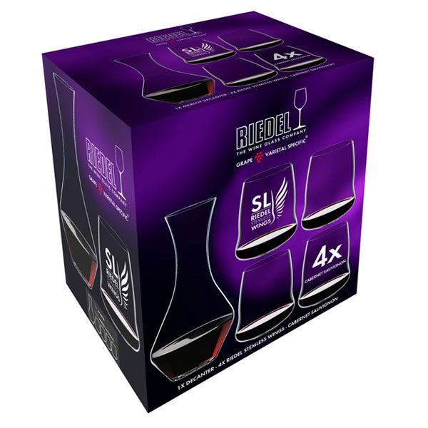 Riedel Winewings Cabernet Stemless Wine Glasses Set of 4 + Merlot Decanter